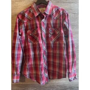 Vintage Wrangler Western Red Plaid Pearl Snap Shirt Mens Medium American Cowboy